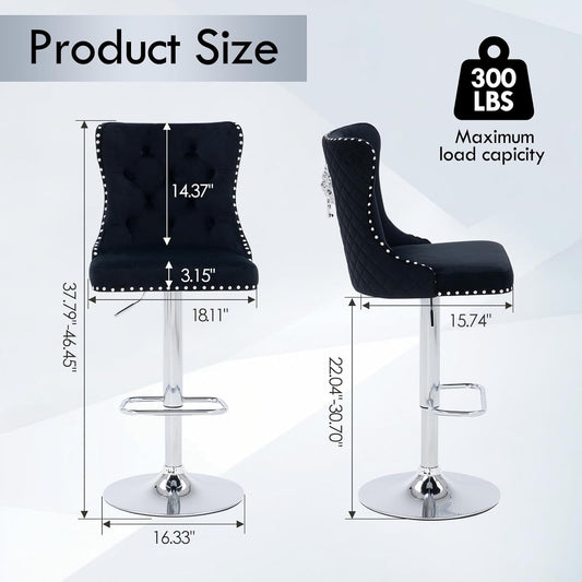 Velvet Adjustable Swivel Bar Stools Set of 4, High Tufted Back Modern Counter Height Stools-Chrome Base Footrest/Lion Pull Ring/Rivet Trim/Diamond Pattern Kitchen Dining Pub Bar Chairs, Black-1