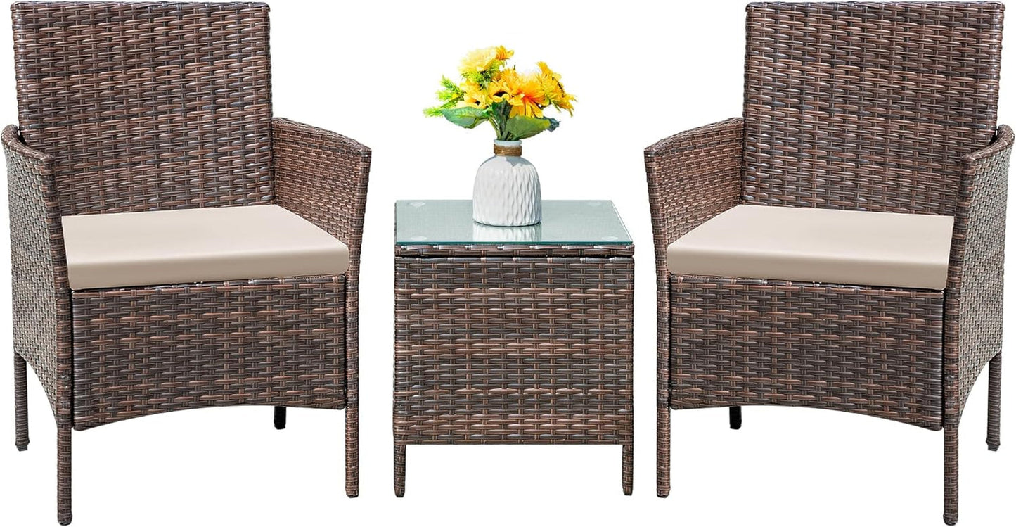 Patio Furniture Set 3 Pieces All-Weather Rattan Outdoor Furniture Patio Chairs with Tempered Glass Table for Porch Bistro Balcony (Brown/Cream)-1