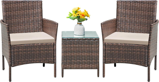 Patio Furniture Set 3 Pieces All-Weather Rattan Outdoor Furniture Patio Chairs with Tempered Glass Table for Porch Bistro Balcony (Brown/Cream)-1