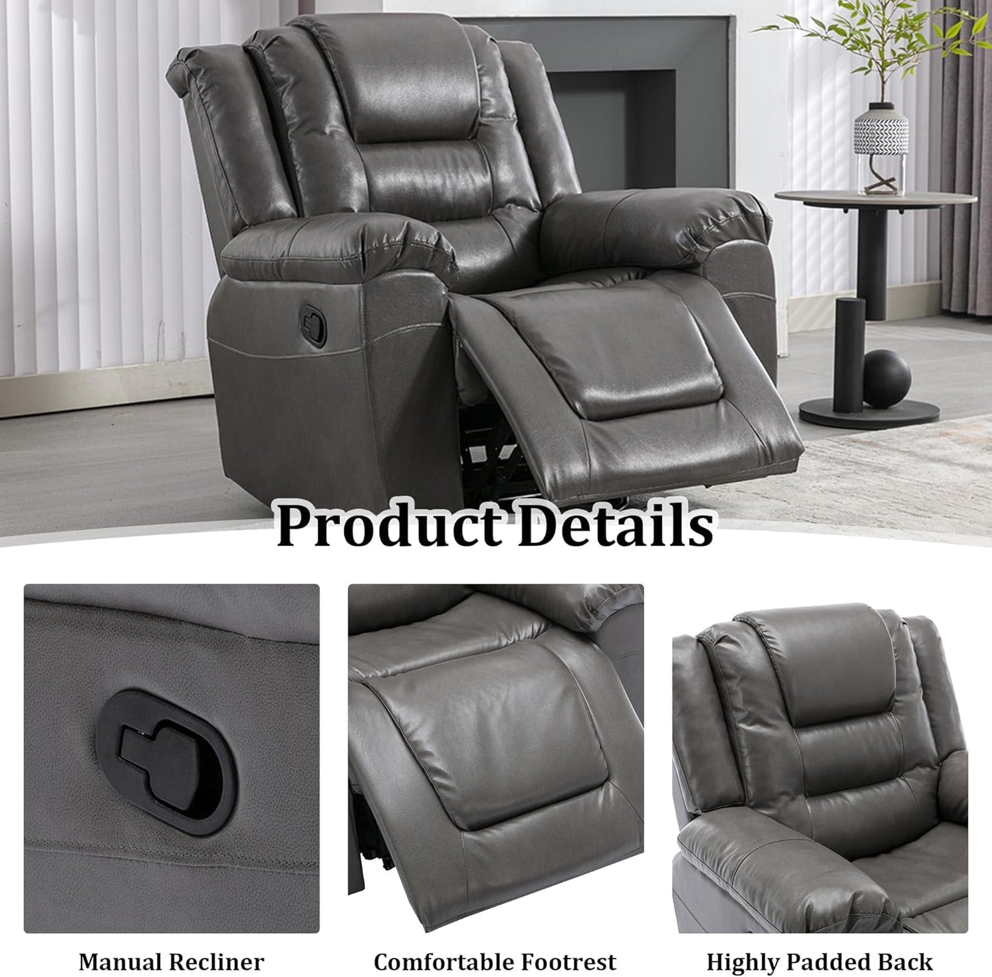 Leather Recliner Chair with Adjustable Backrest, Modern Home Theater Seating for Living Room, Bedroom, Home Theater,Rv(Grey)-4