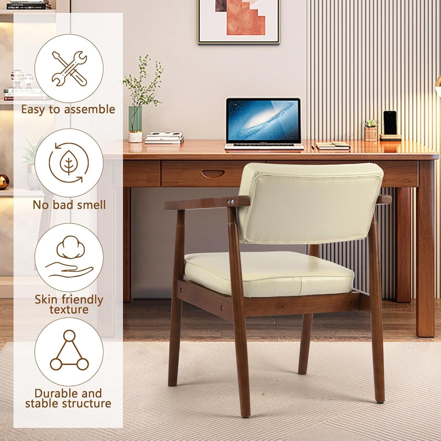 Mid Century Dining Chairs with Wooden Handrail, Beige Fabric Upholstered Faux Leather Armchair Comfy Backrest Modern Kitchen Chairs for Bedroom Living Room Dining Room, Set of 1-4