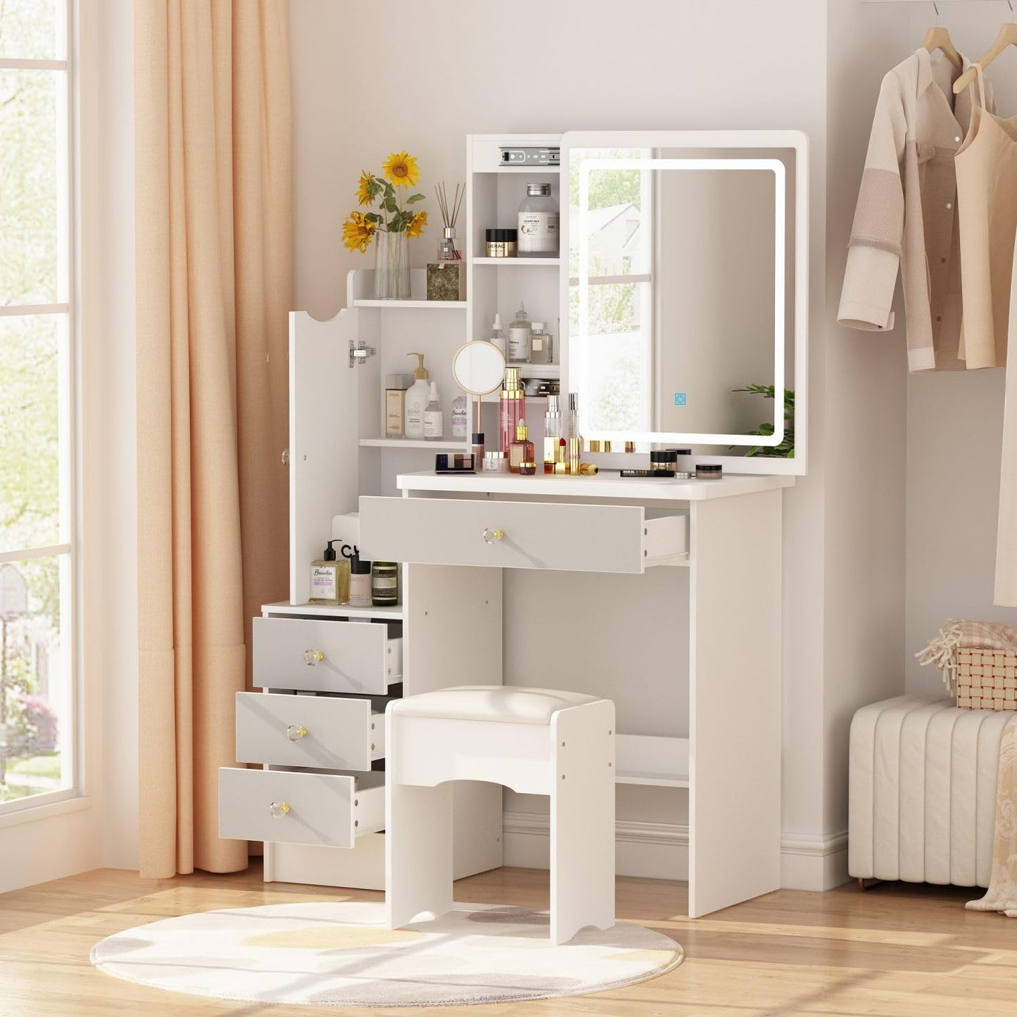 White Makeup Vanity Desk with Lighted Mirror and Drawers-0