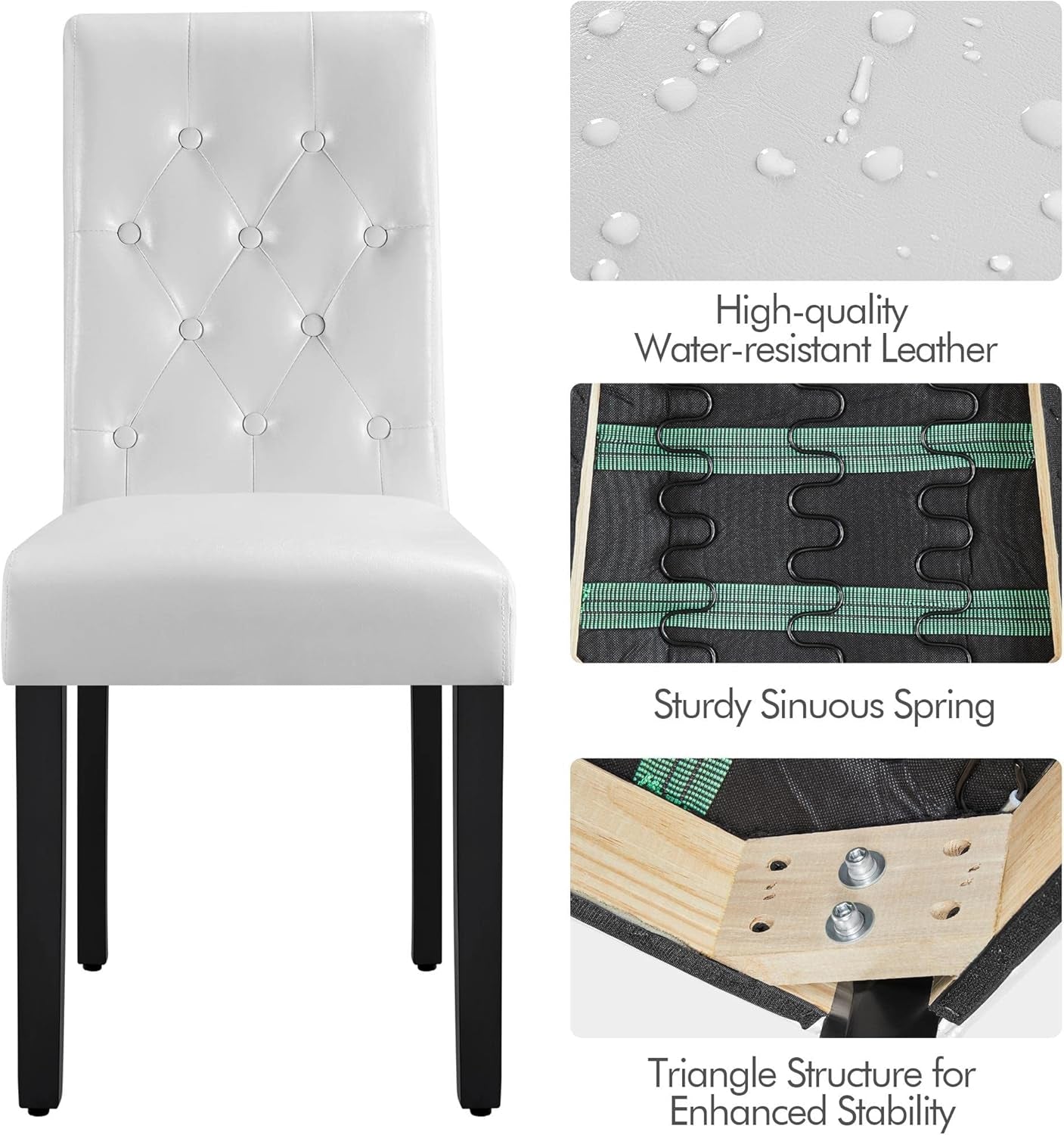 Dining Chairs Kitchen Chair Living Room Chair Restaurant Chair Tufted Leather Chair with Padded Seat and Wood Legs, Set of 2, White-4