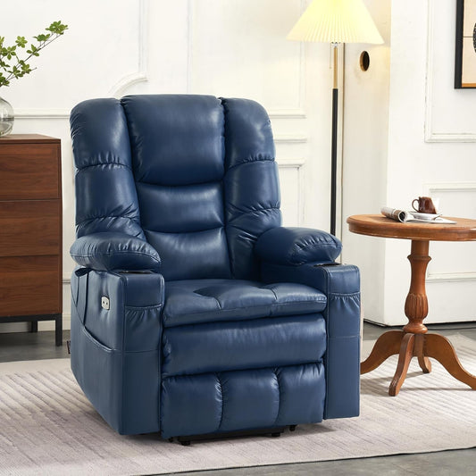 Dual Motor Power Lift Recliner Chair with Massage and Dual Heating, Adjustable Headrest for Big and Tall Elderly People, Faux Leather 7634 (Blue, Large-Regular)-1