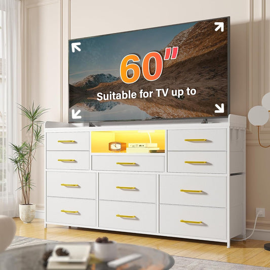 Dresser TV Stand with 11 Drawers for 60" TV Stand for Bedroom with LED Lights & Power Outlets Long Dresser for Bedroom with Shelves & 4 Hooks Sturdy Metal Frame & Wood Top, White-1