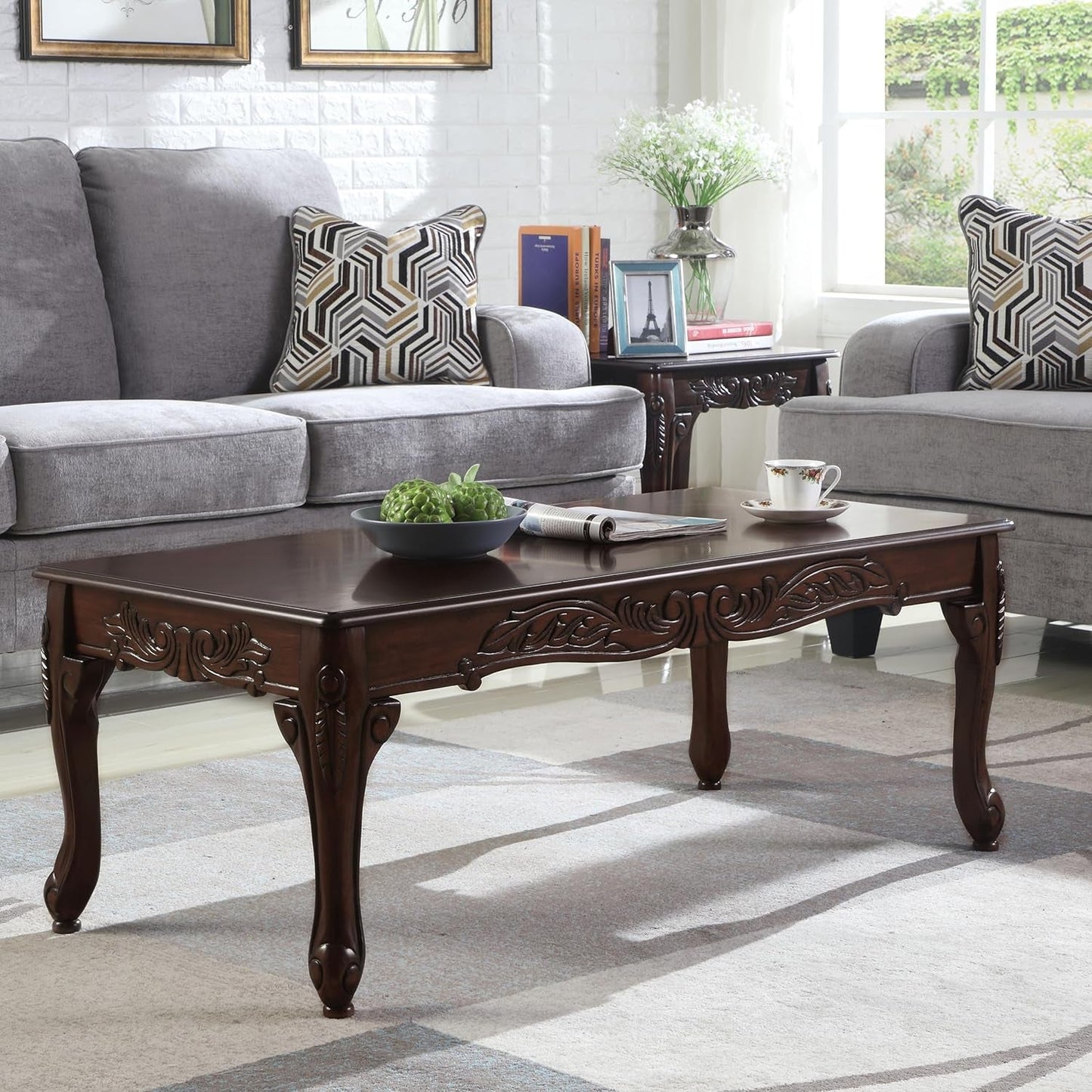 Hernen Carved Wood Frame 5-Piece Living Room Set, Beige Wheat-3