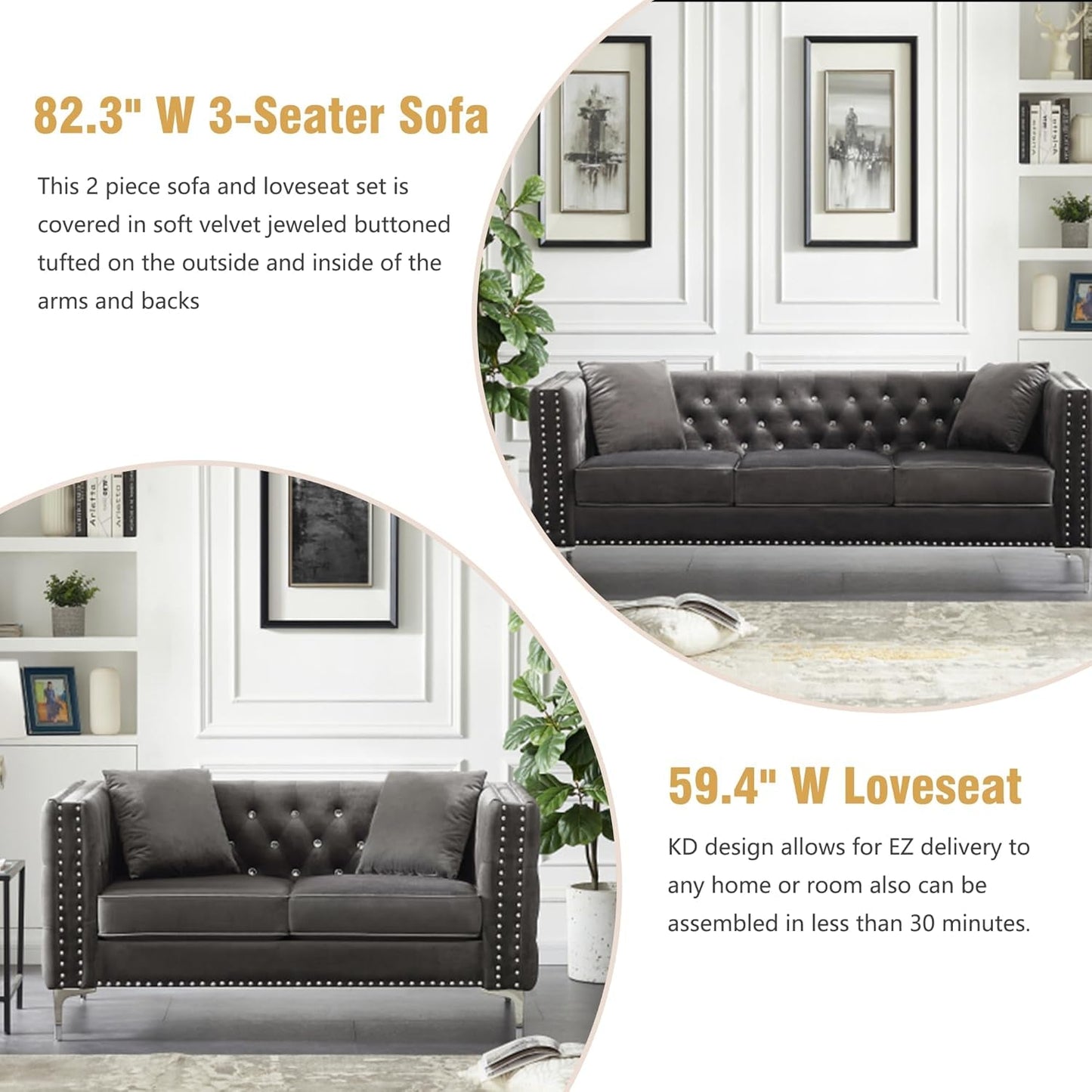 2-Piece Grey Velvet Upholstered Living Room Furniture Set, Including 3-Seater Sofa and Loveseat with Jeweled Buttons, Square Arm, Four Pillows Included for Living Room, Office-4
