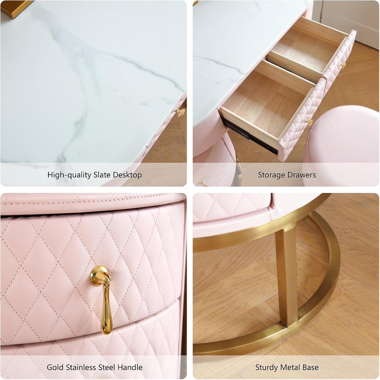 Faux Leather Makeup Vanity Desk Set with LED Lighted Mirror Luxury Dressing Makeup Table with Storage Drawers & Vanity Stool, Pink-4