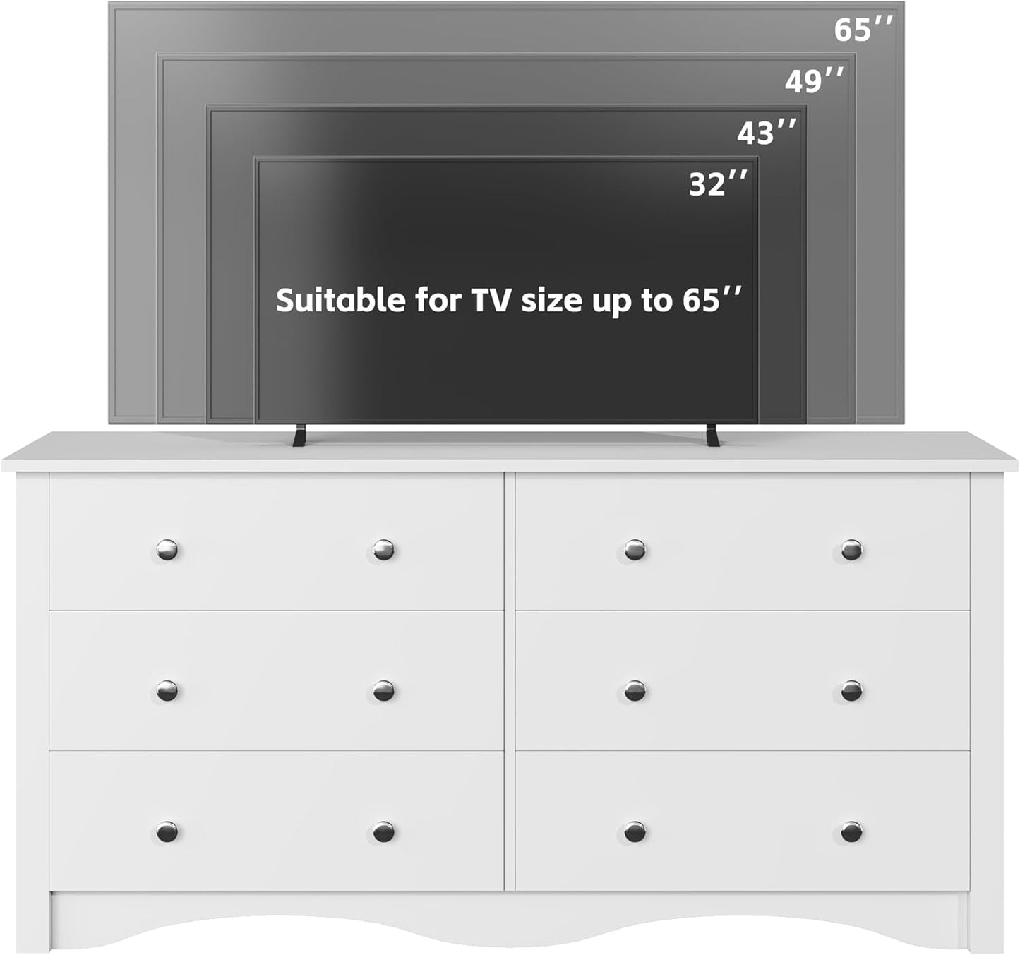 6 Wood Drawers Dresser for Bedroom, Double Dresser for TV up to 65 Inch, TV Stand Storage Chest of Drawers for Living Room Hallway Entryway (White)-4