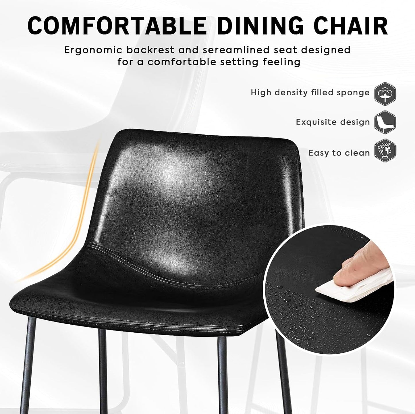 Faux Leather Dining Chairs Set of 4, 18 Inch Kitchen & Dining Room Chair, Mid Century Modern Dining Chairs with Backrest and Metal Legs (Black)-2