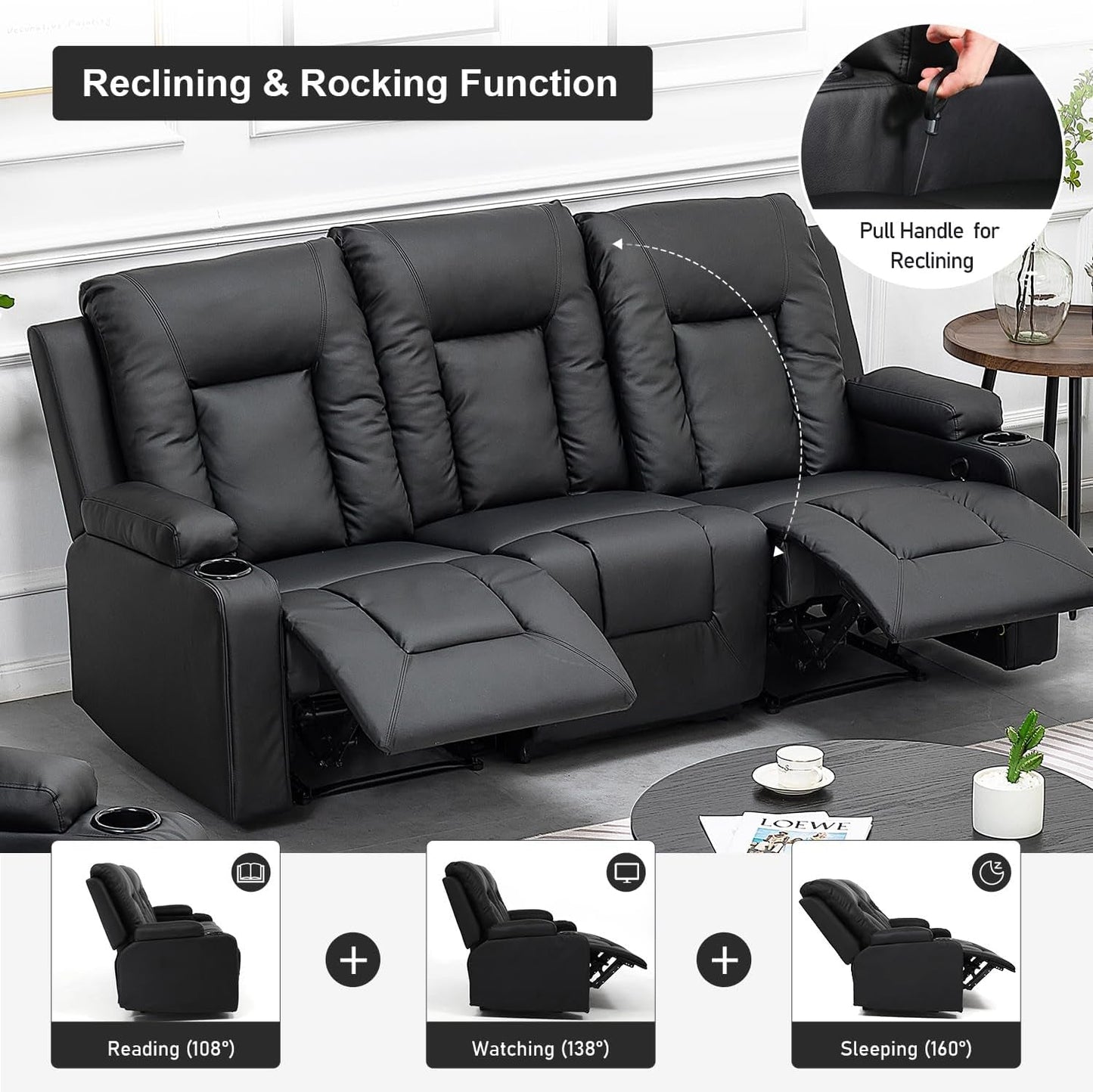 Recline Chair Set,Furniture 2PC Bonded Leather Recliner Set Living Room Set, Sofa, Loveseat(Black,Living Room Set3+2)-4