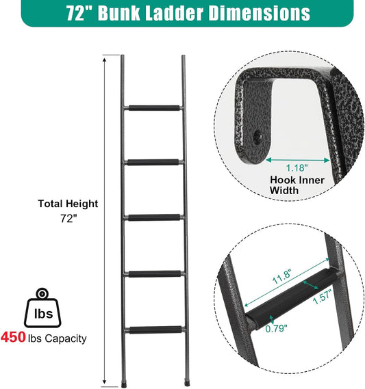 Anti-Slip RV Bunk Ladder, 72In Integrated Heavy Duty Steel Camper Bunk Bed Ladder with Anti-Slip Rubber Foot Pads and Hooks - Black-1
