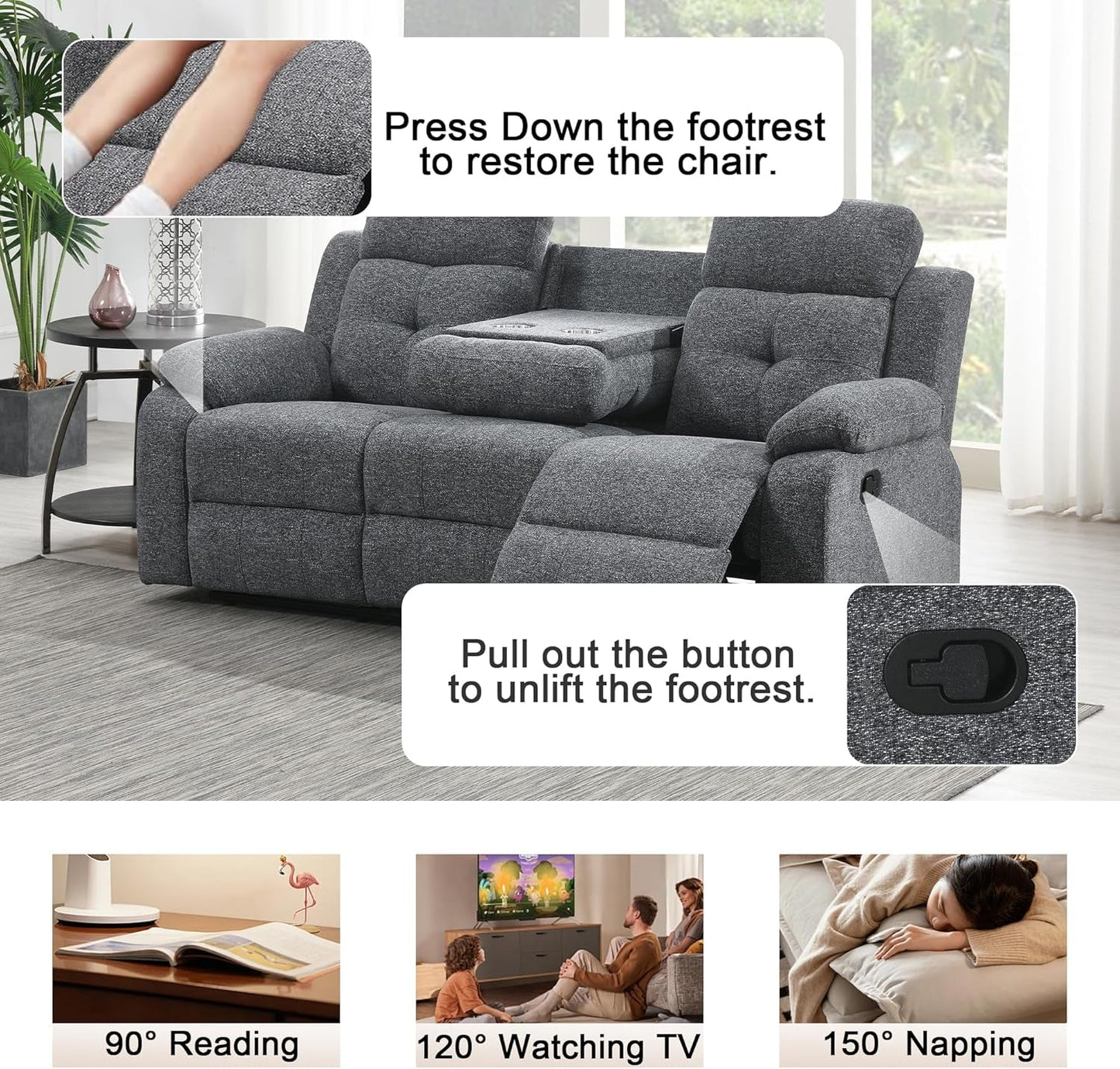 Breathable-Chenille-Fabric-Reclining-Sofa-And-Loveseat-Set, Double-Recliner-For-Living-Room, Manual-Reclining-Sofa,Soft/Drop down Table(Gray)-4