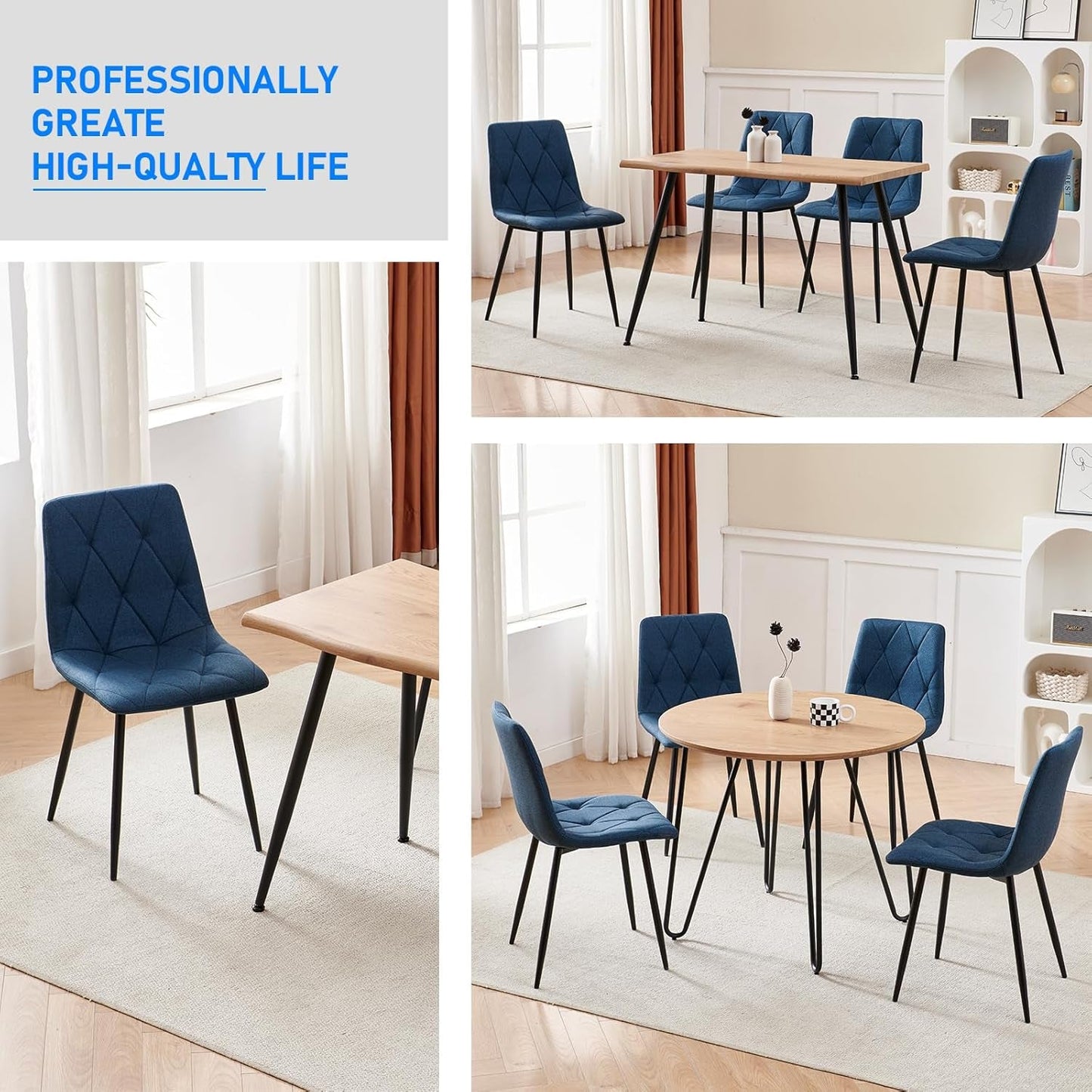 4 Set of Dining Chairs, Metal Frame Dining Chair for Kitchen Room,Technology Cloth Seat Chair for Living Room, Bedroom(Blue)-4
