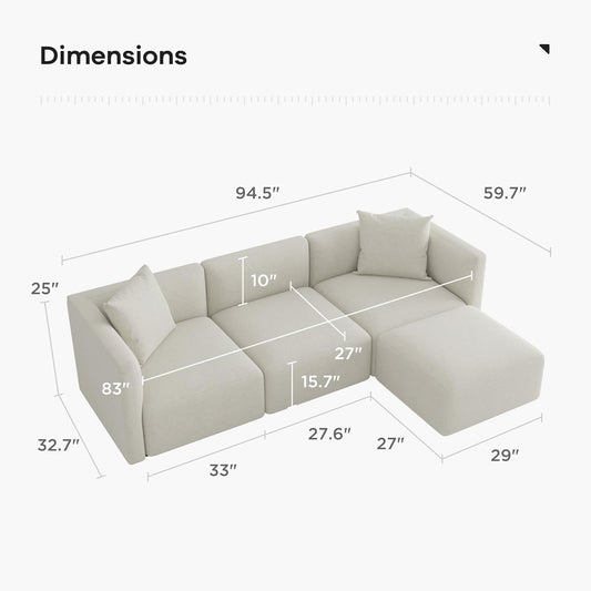 Luxury L-Shaped Upholstery Convertible Modular Sectional Sofa, Contemporary Reversible Couch with Chaise Lounge for Living Room, Apartment, Linen-Like Cream-1