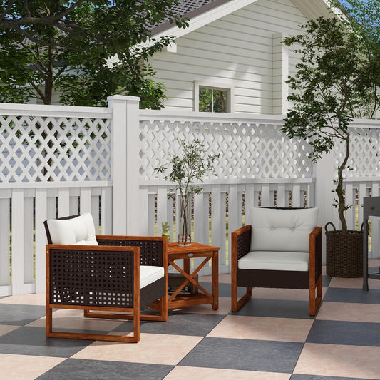 3 Pieces Wicker Outdoor Bistro Set, Rattan Patio Furniture Set with Acacia Wood Coffee Table and Porch Chairs for Backyard, Balcony, Garden, Brown-1