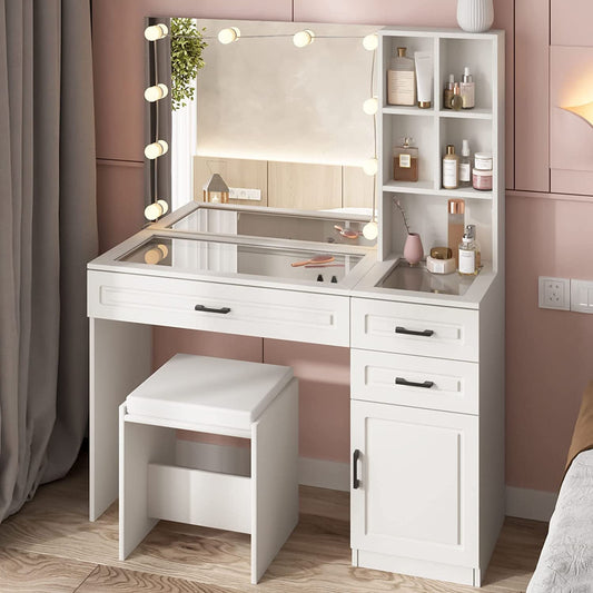 White Vanity Table Set with Glass Top-1