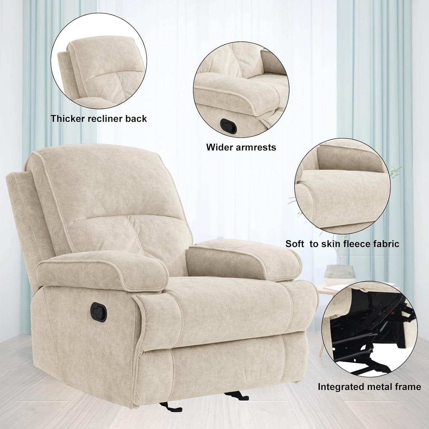 Rocker Recliner Chair for Adults, Manual Glider Chair for Nursery, Reclining Single Sofa Chair for Living Room, Upholstered Fabric Armchair, High Back, Deep Seat, Beige-4