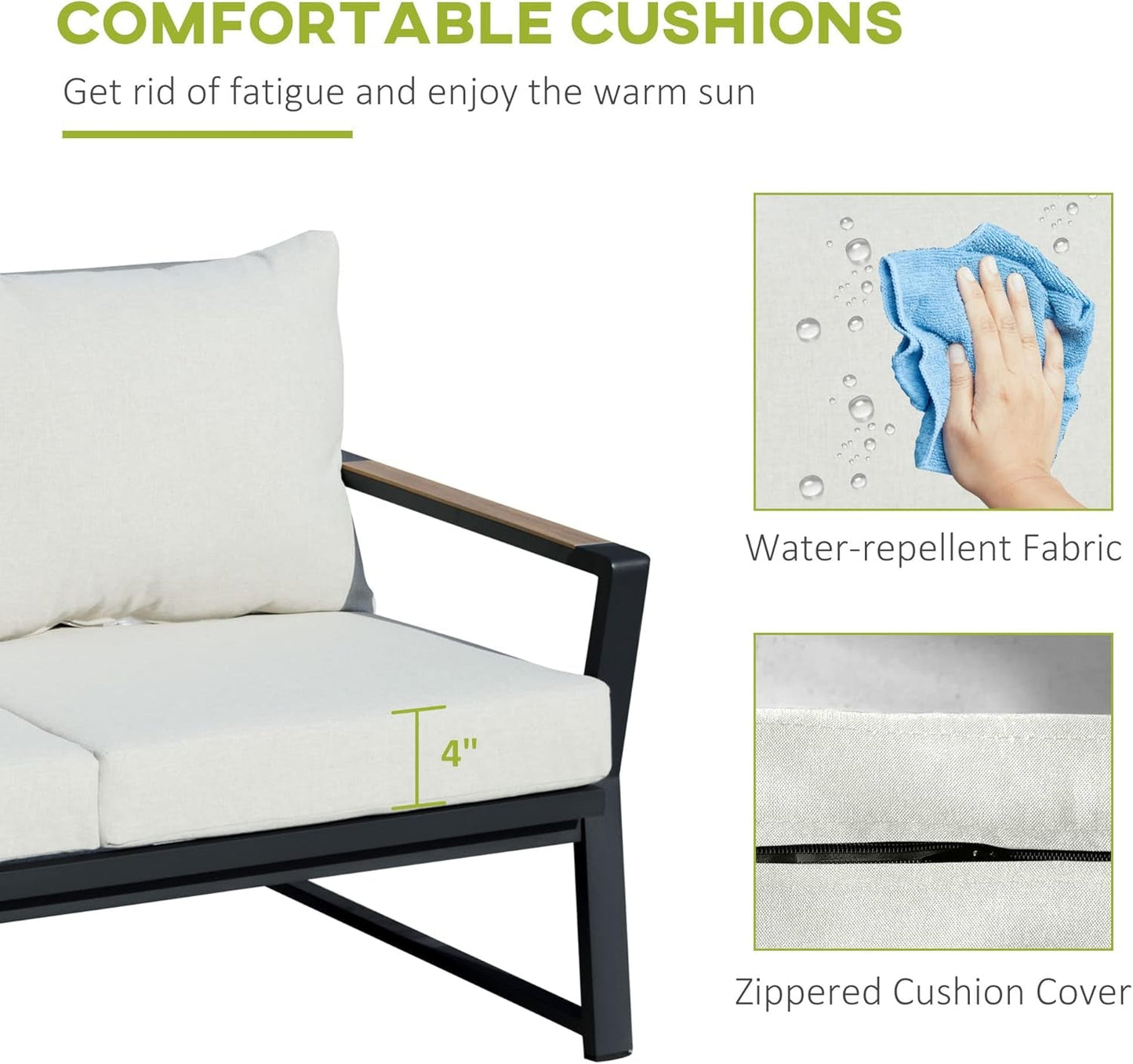 4 Piece Patio Furniture Set, Aluminum Conversation Set, Outdoor Garden Sofa Set with Armchairs, Loveseat, Center Coffee Table and Cushions, Cream White-3