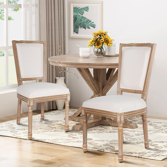 Dining Chairs Set of 2 Beige Fabric Square Back with Solid Wood Legs and Frame for French Country Kitchen Dining Room-1