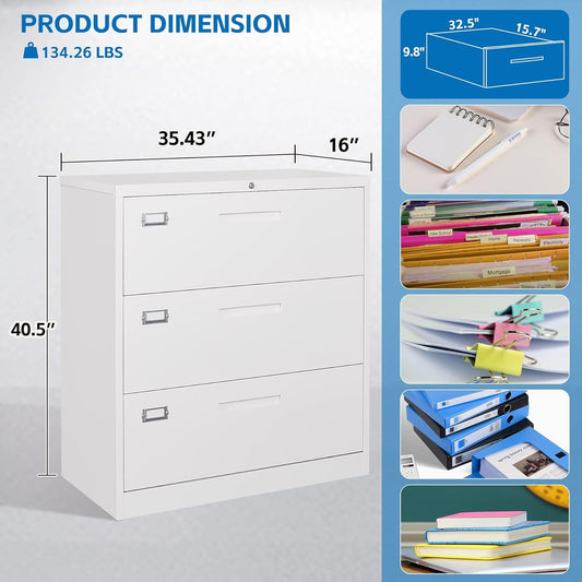 Lateral File Cabinet 3 Drawer,Metal Storage File Cabinet with Lock,Steel Lateral File Cabinet for Legal/Letter A4 Size,Wide File Cabinet for Office Home,Assembly Required-1