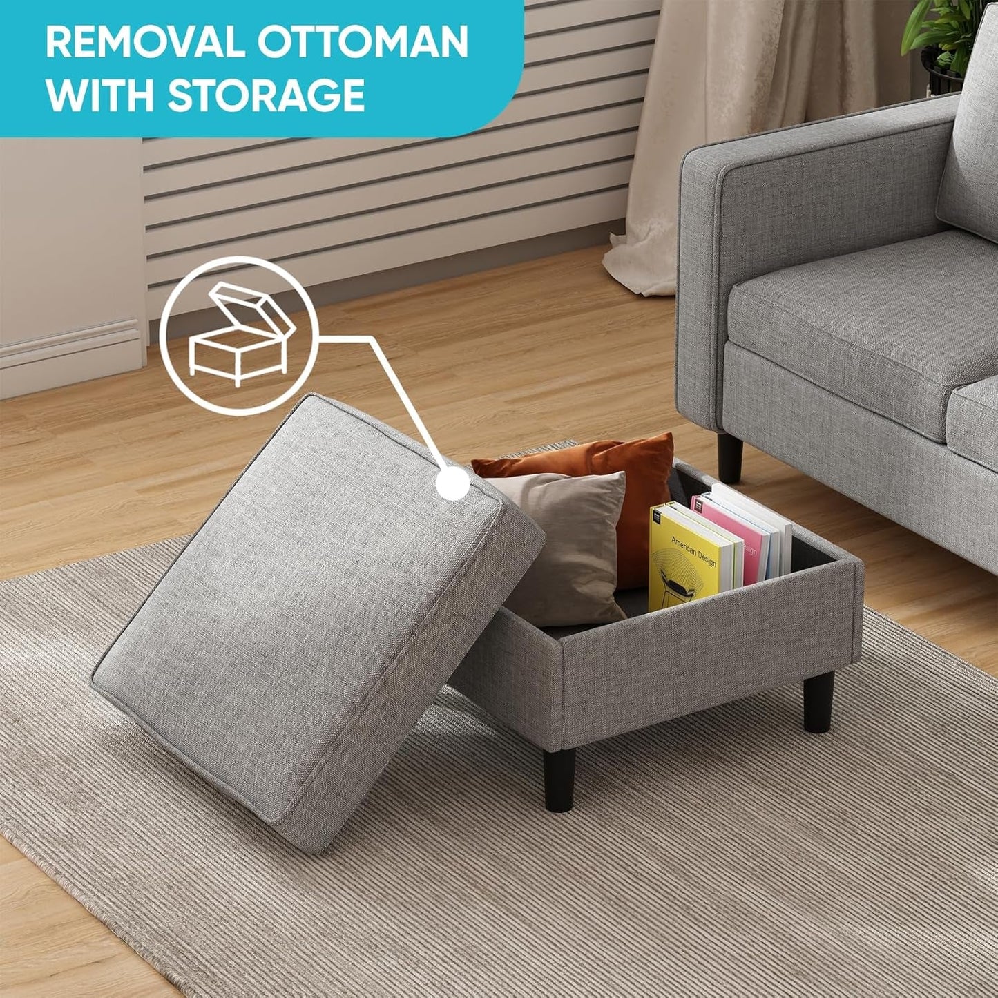 6 Seaters Sectional Upholstered Sofa, Linen Fabric Sofa Couch with Side Pockets, Free Combination Sofa Set with Movable Storage Ottoman, for Living Room-Sofa&Loveseat&Chair&Ottoman,Light Grey-4