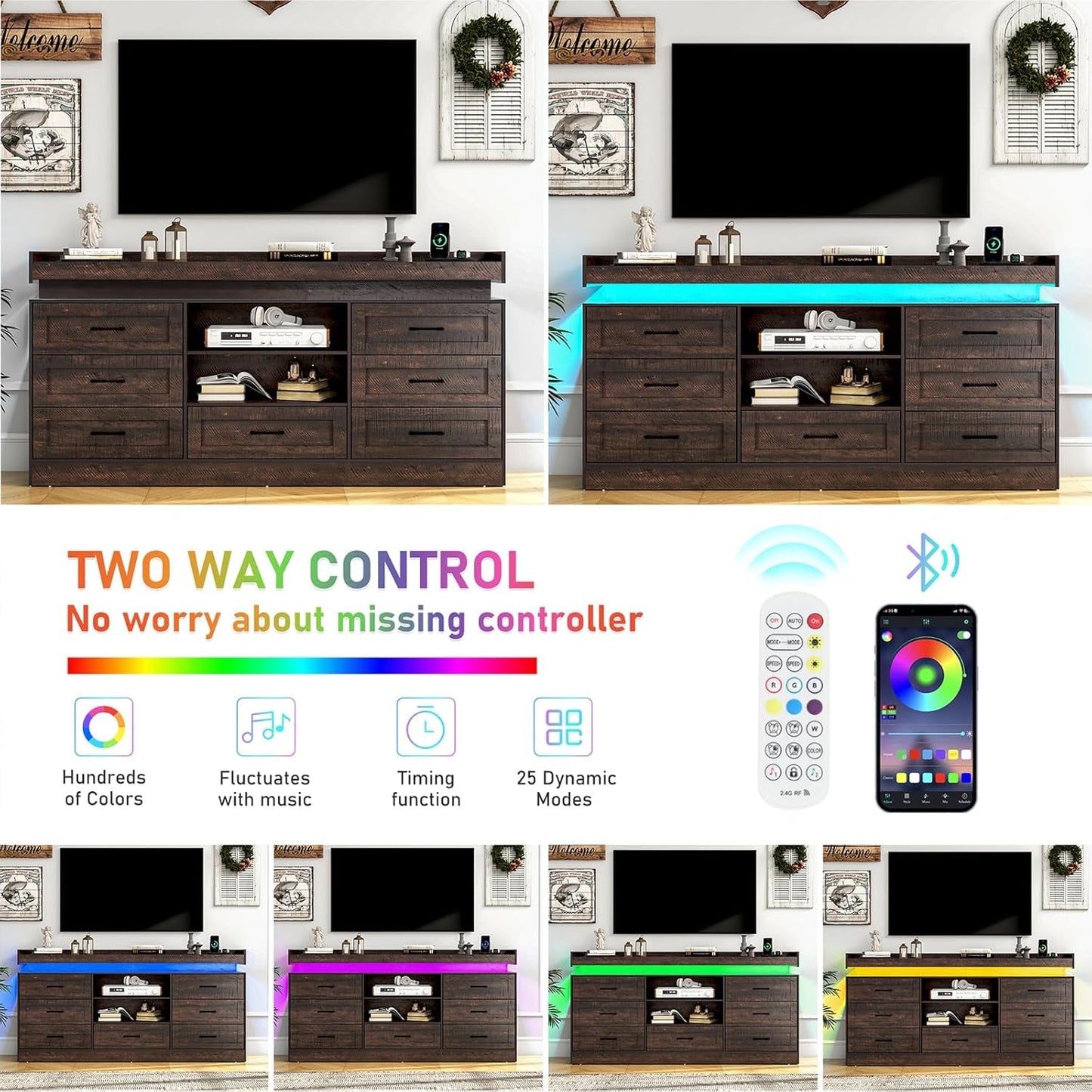 70"W Large Drawers Dresser,Tall Farmhouse 7 Drawers Dresser for Bedroom +2 Open Storage Shelves,With LED Light and Power Outlets,Wide Wood 7 Chests of Drawers for Closet for Bedroom(Antique Brown)-4