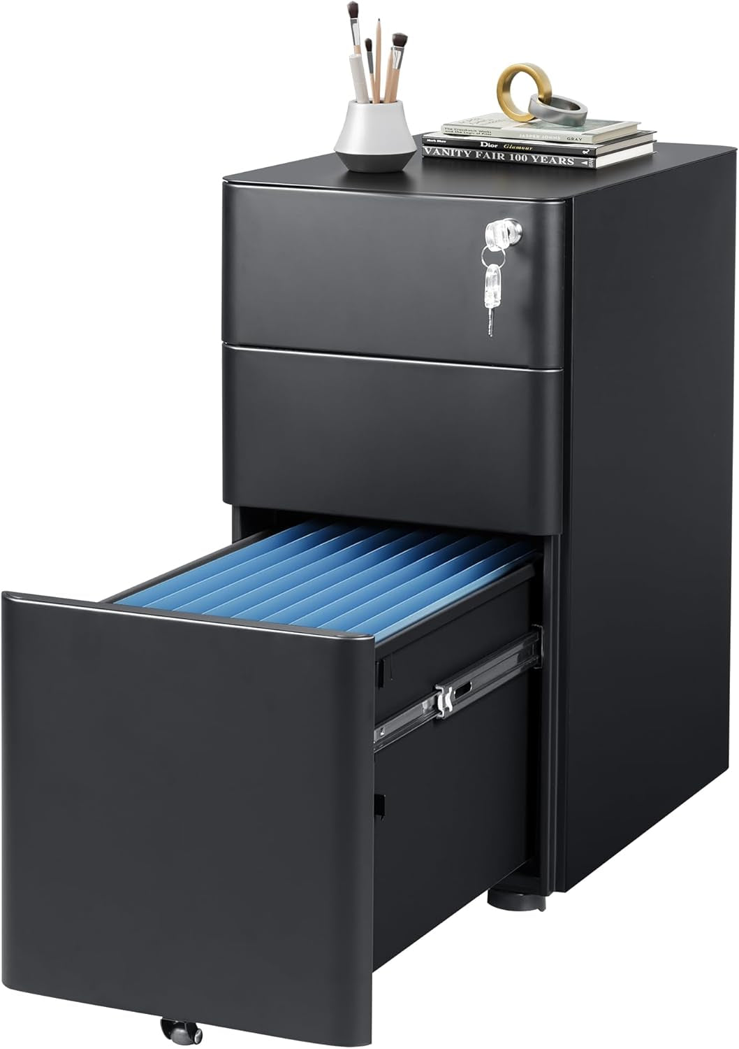 3-Drawer Slim File Cabinet, Vertical Filing Cabinet, Fully Assembled except Casters, Black-0