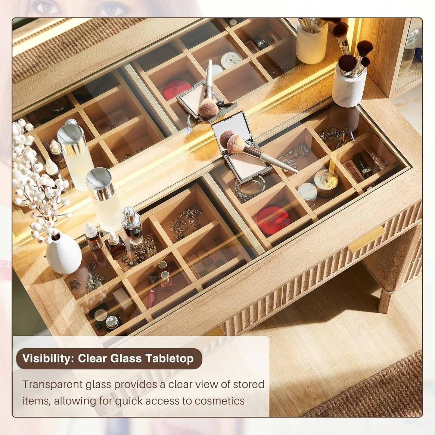 Oak Fluted Vanity Large Mirror, Lights, Drawers, Charge-4