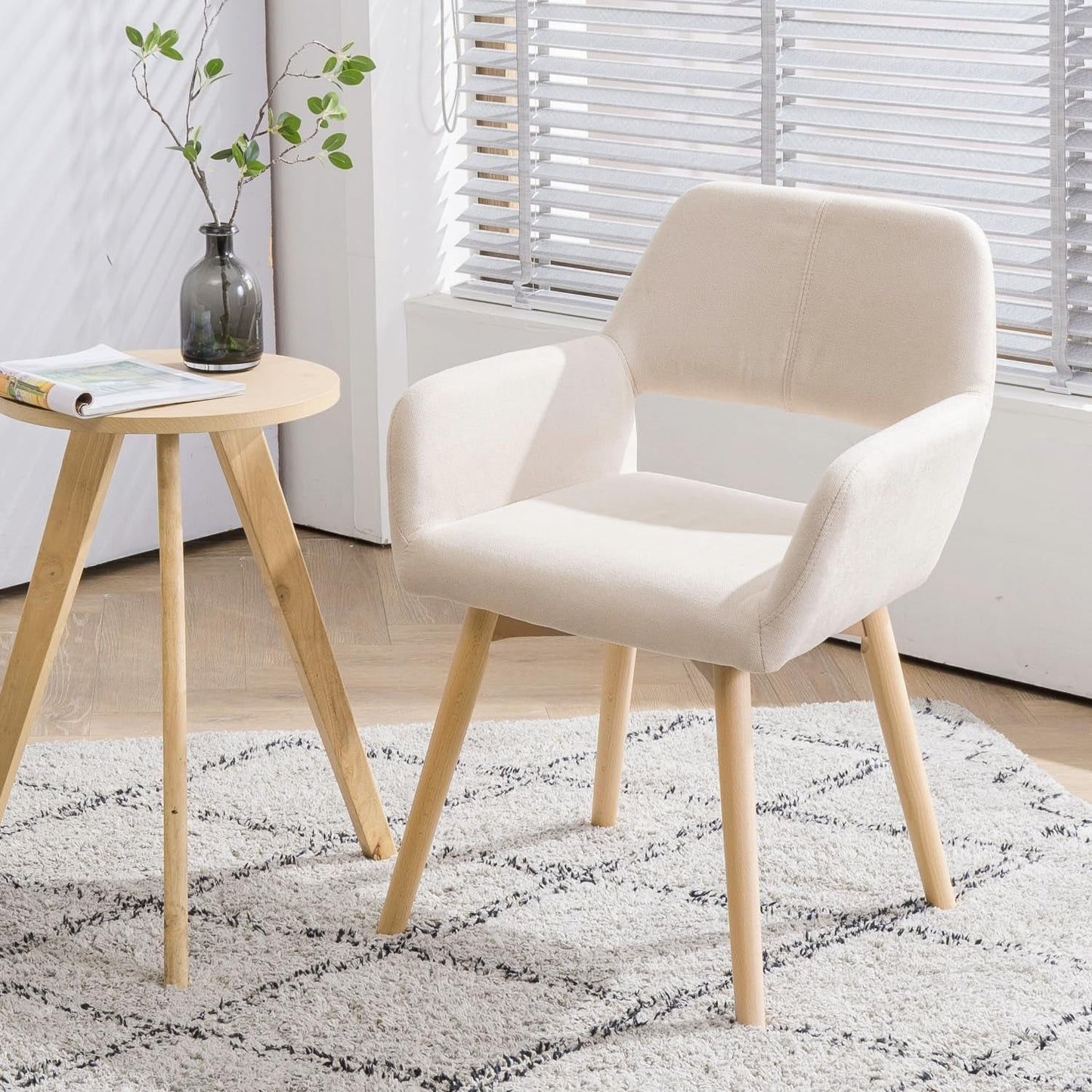 Desk Chair No Wheels Vanity Chair Makeup Chair Comfy Accent Chair for Living Dining Room Bedroom Home Office Mid Century Modern Upholstered Arm Chair Sofa Chair (Beige, 1)-3