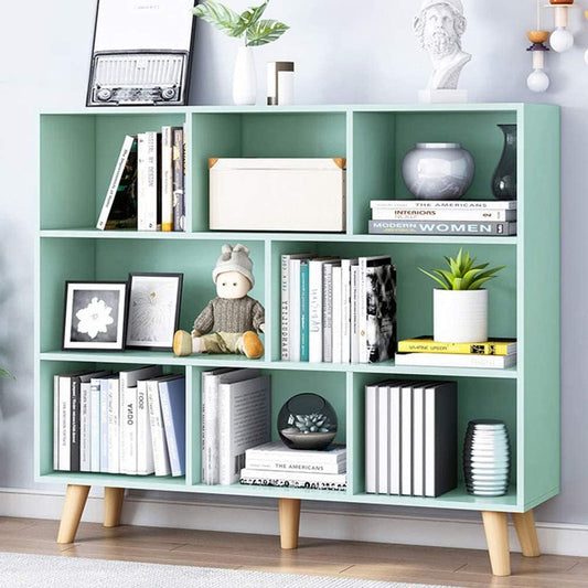 Wooden Open Shelf Bookcase - 3-Tier Floor Standing Display Cabinet Rack with Legs, 8 Cubes Bookshelf, Tiffany-Green-1