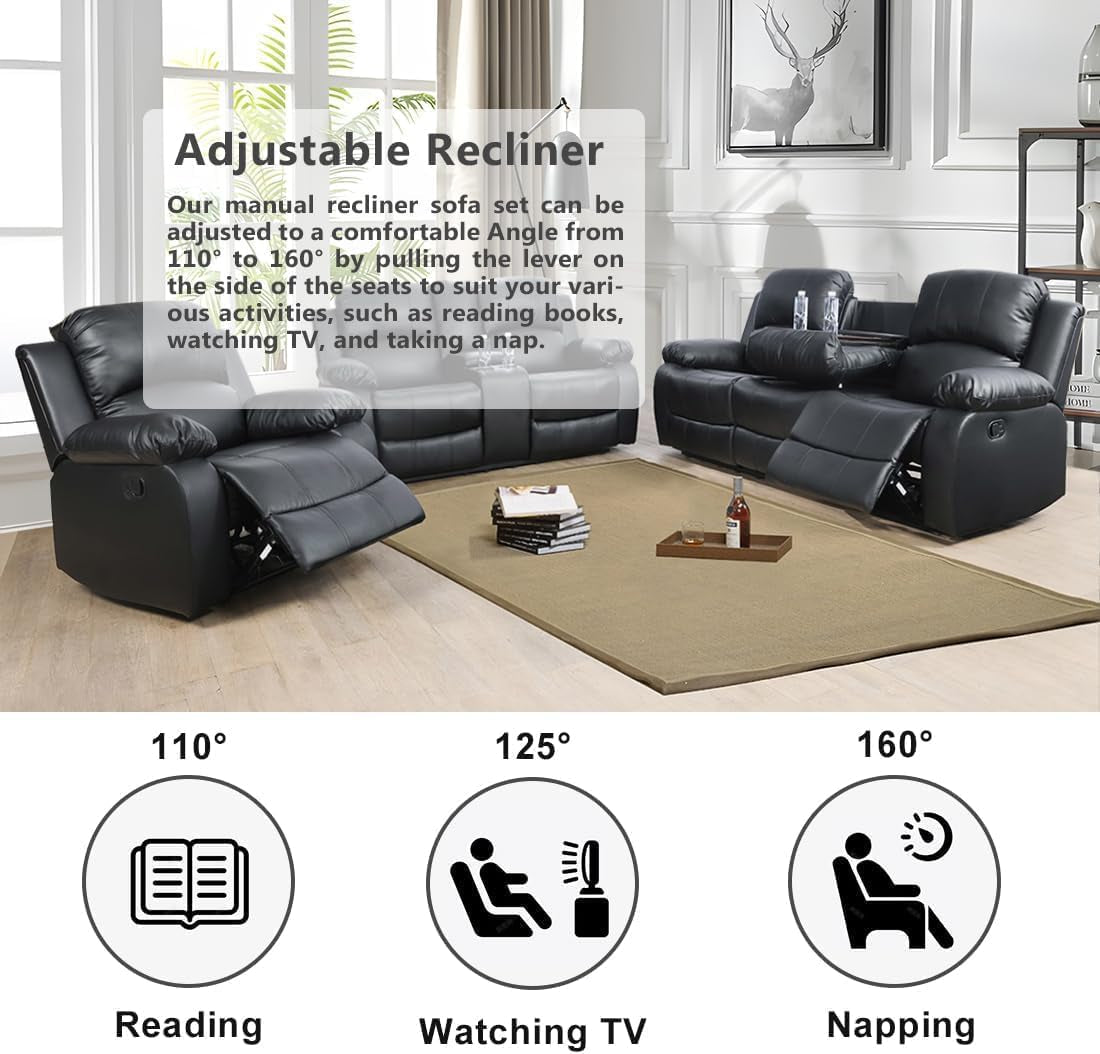 Bonded Leather Reclining Sofa Set with Cup Holders and Storage Console-3