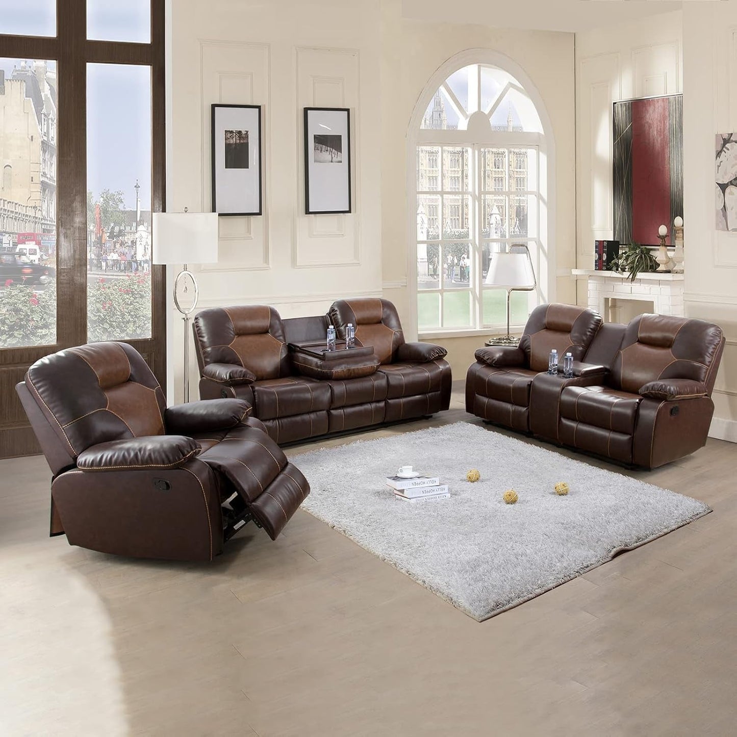 3 Piece Recliner Sofa Set Bonded Leather, Luxury Living Room Furniture Set, Leather Sofa Set Manual Reclining for Office Home (Brown)-0