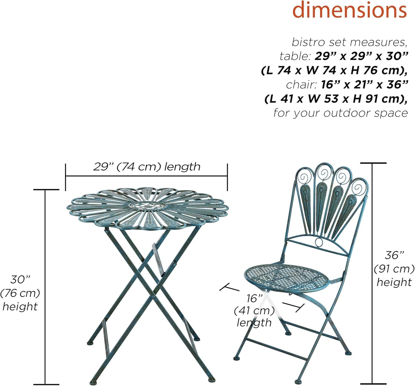 Indoor/Outdoor 3-Piece Peacock Feather Rustic Metal Bistro Set Patio Seating, Light Blue-4