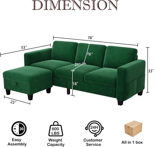 Sectional L-Shaped Sofa Couch, 78'' Modern Linen 3 Seat Couch with Storage Ottoman, Convertible Sectionals Sofas Chaise, Small Space Couches for Living Room, Bedroom, Apartment and Office (Green)-1