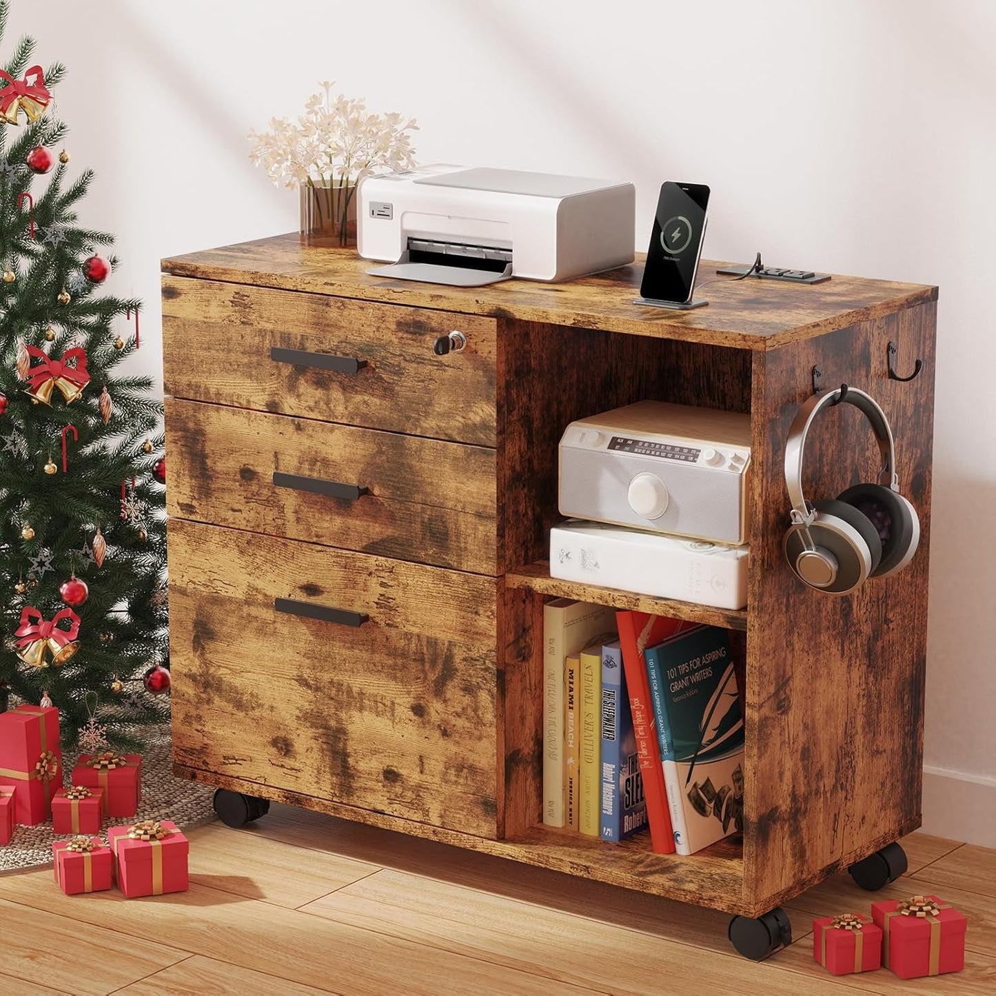 3 Drawer File Cabinets for Home Office with USB Charging Port and Lock Printer Cabinet with Storage Wood Filing Cabinet with Open Shelves Mobile File Cabinet with Lockable Livingroom Furniture-0