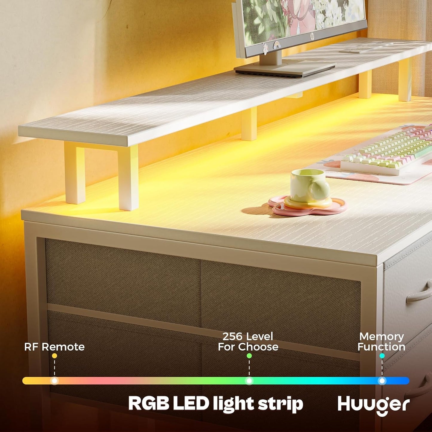 47 Inch Computer Desk with 4 Drawers, Gaming Desk with LED Lights & Power Outlets, Home Office Desk with Large Storage Space for Bedroom, Work from Home, White-3