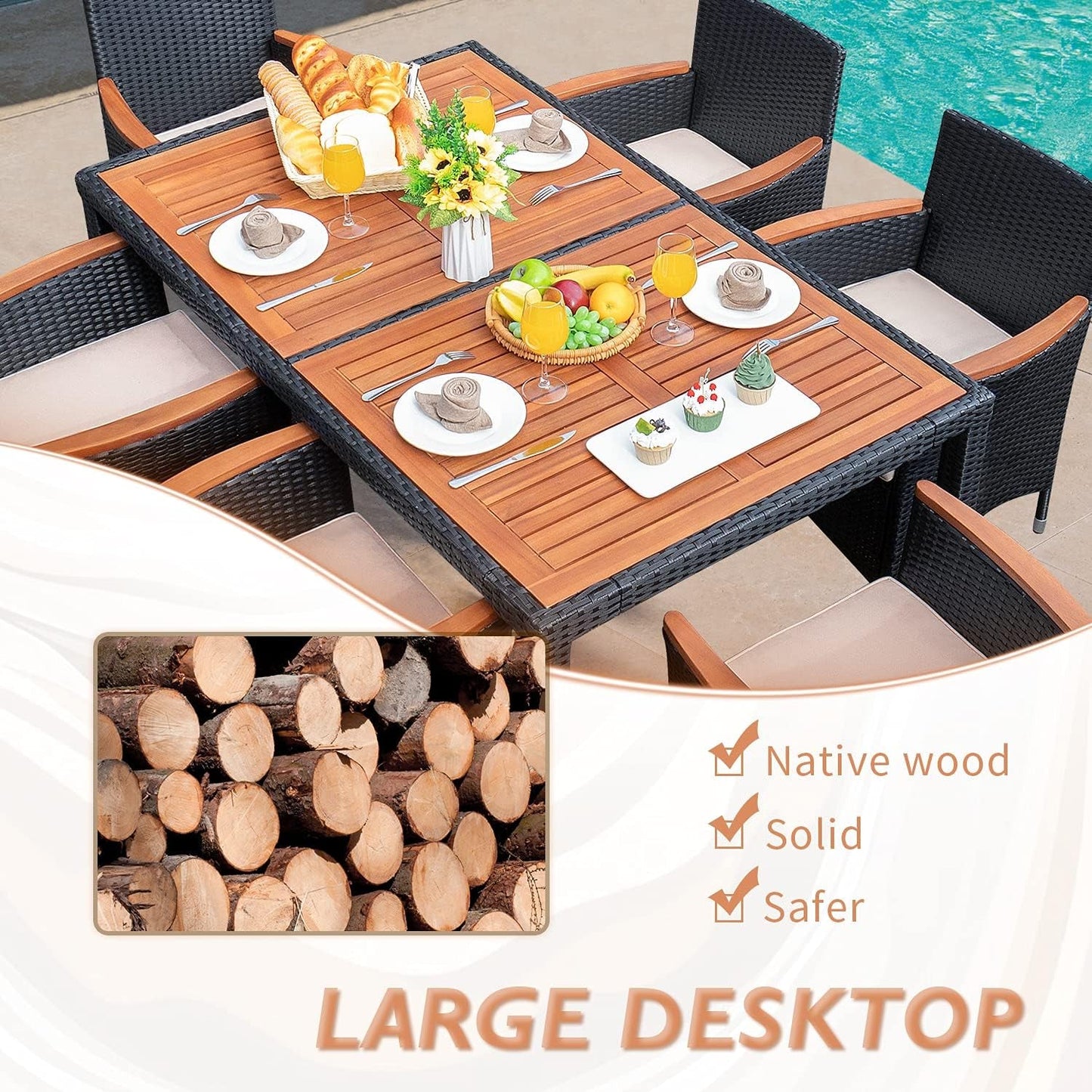 7 Piece Rattan Dining Set Wood Table-4