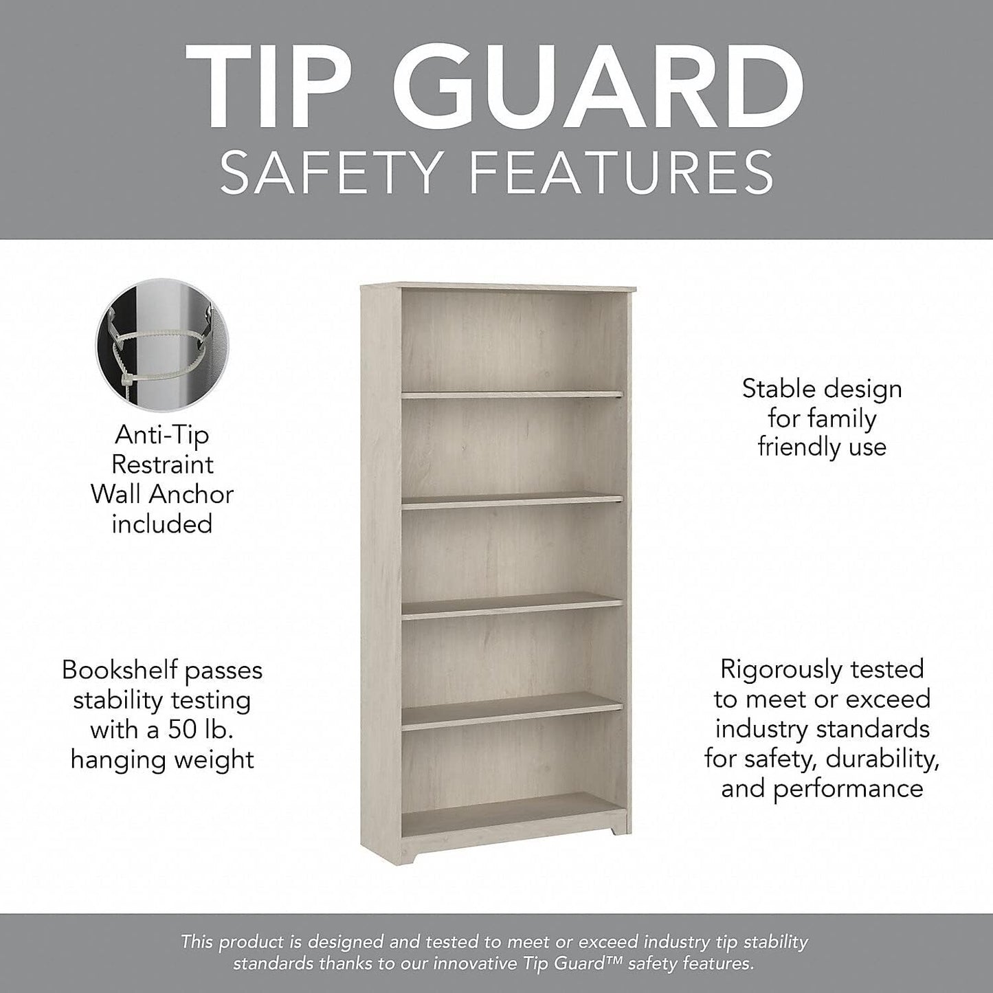 Bush Furniture Cabot Tall 5 Shelf Bookcase | Large Open Bookshelf in Linen White Oak | Sturdy Display Cabinet for Library, Living Room, and Home Office-4