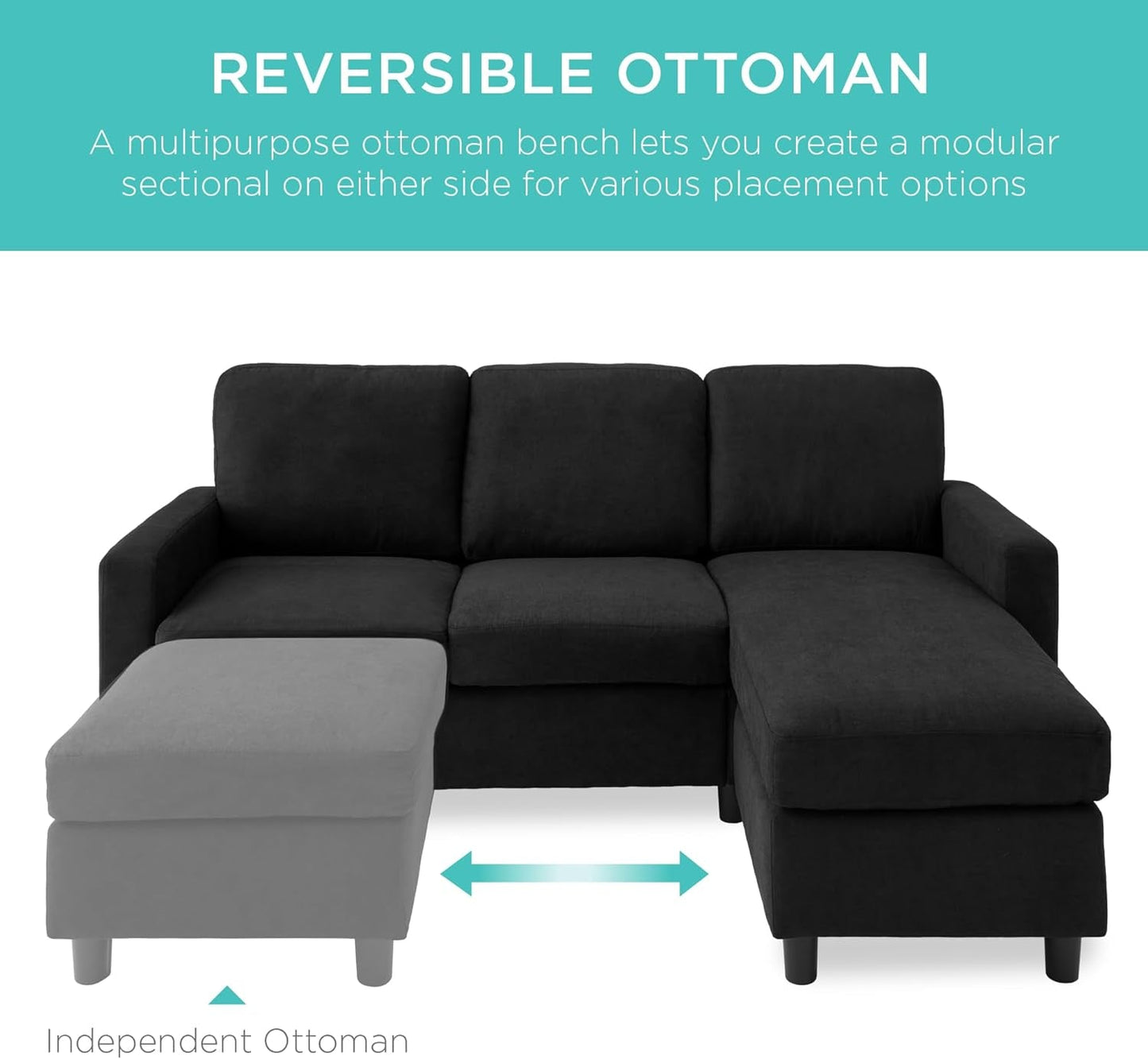 Black 3-Seat L-Shape Sectional Sofa with Ottoman-2