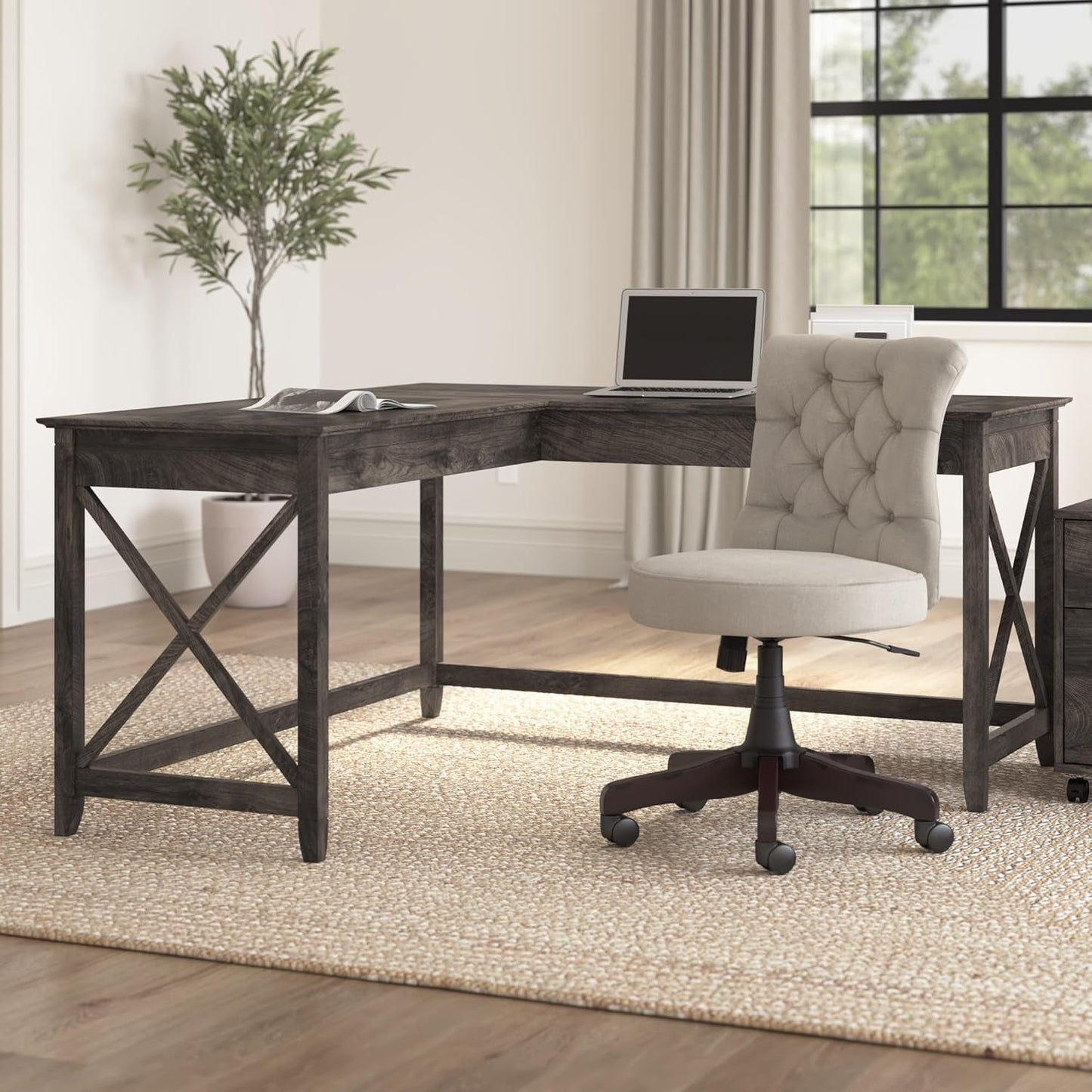Bush Furniture Key West L Shaped Desk, 60-Inch Modern Farmhouse Writing Desk for Home Office-1