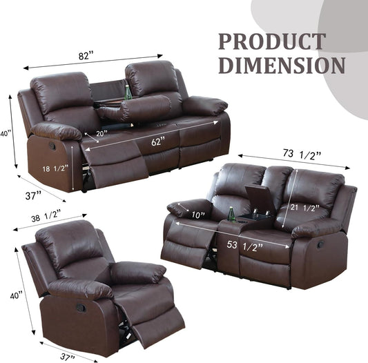 Manual Leather Recliner Sofa Set for Living Room Furniture Set,Leather Recliner Couch Set for Home/Office,Leather Reclining Sofa Set for 3-Pieces(Sofa+Loveseat+Chair) Brown-1