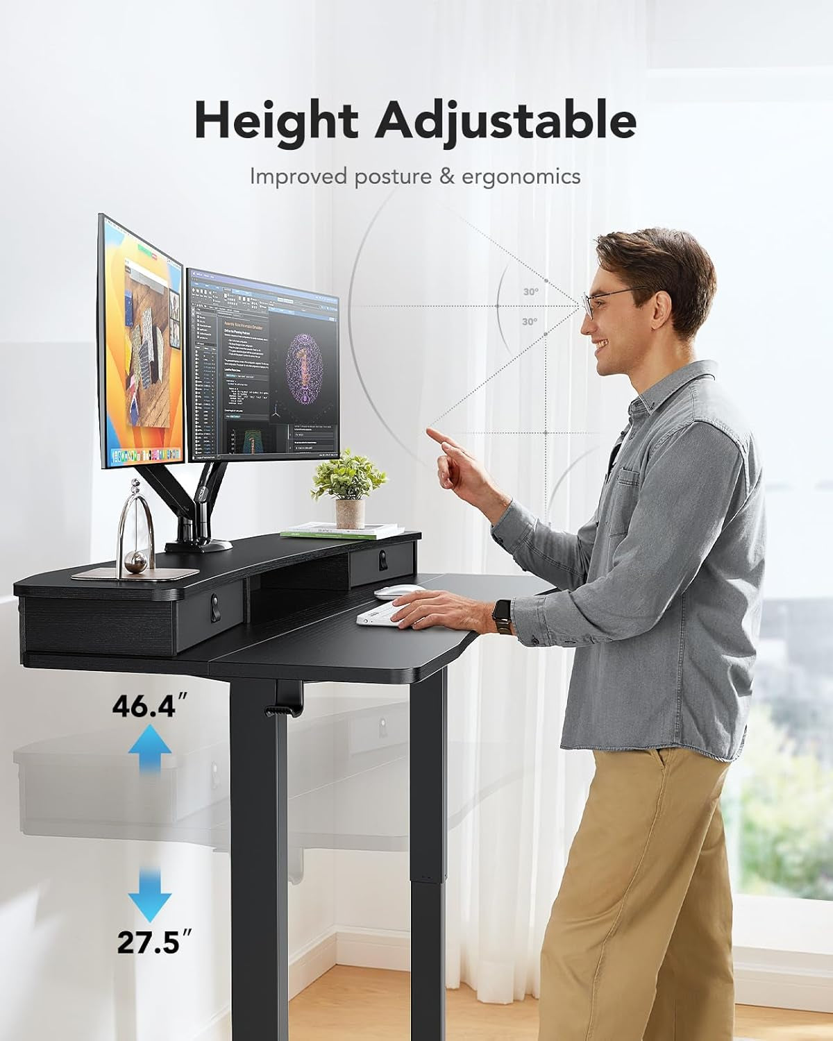 48″ X 24″ Electric Standing Desk with 2 Drawers, C-Clamp Mount Compatible, Height Adjustable Computer Desk, Home Office Stand up Desk with 4 Preset Heights & 2 Hooks, Black-4