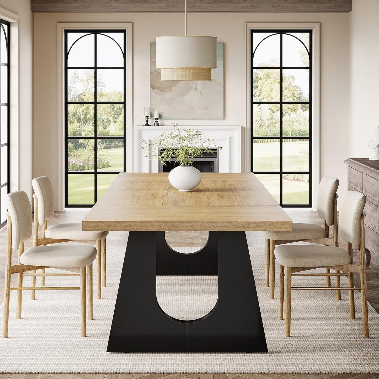 Large Dining Table for 6-8 People, 70.9-Inch Wood Rustic Rectangular Table with Black Wooden Legs, Farmhouse Center Kitchen Table for Dining Room, Living Room, Home Furniture, Oak and Black-3