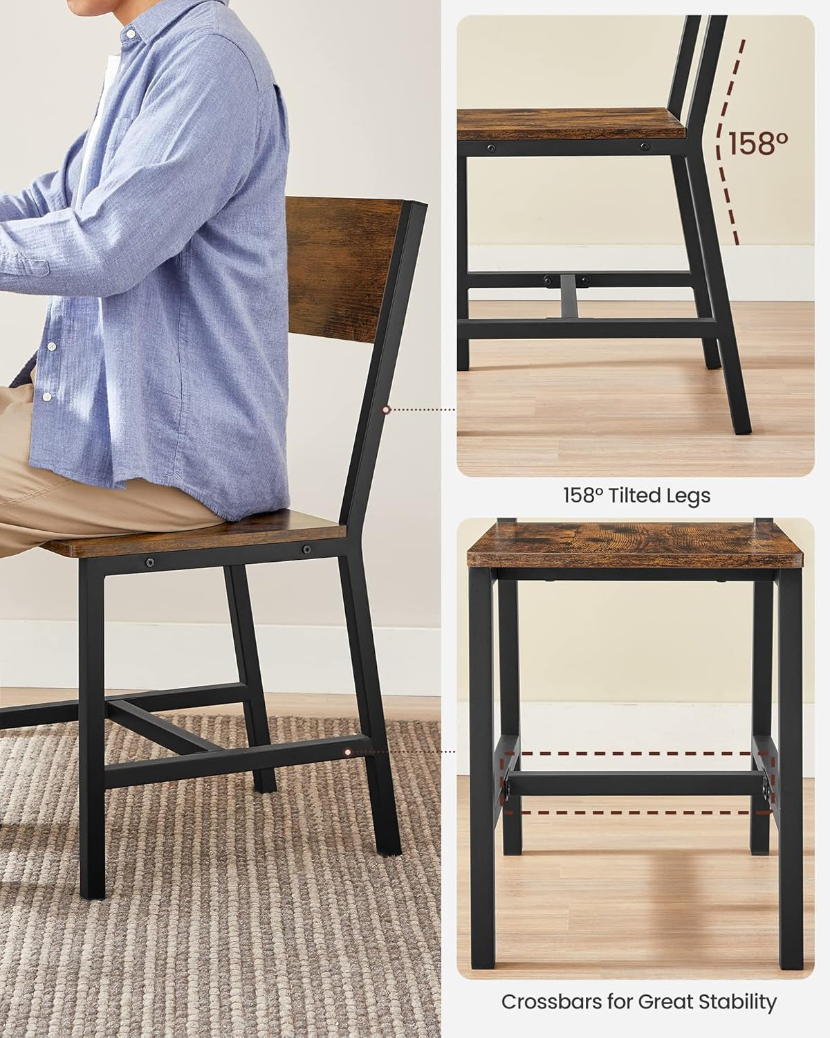 Dining Chair Set of 4, Rustic Wood Chairs with Metal Steel Frame, Easy to Assemble, Comfortable Seat, Modern Farmhouse Chair for Kitchen, Bedroom, Living Room, Rustic Brown and Ink Black-4