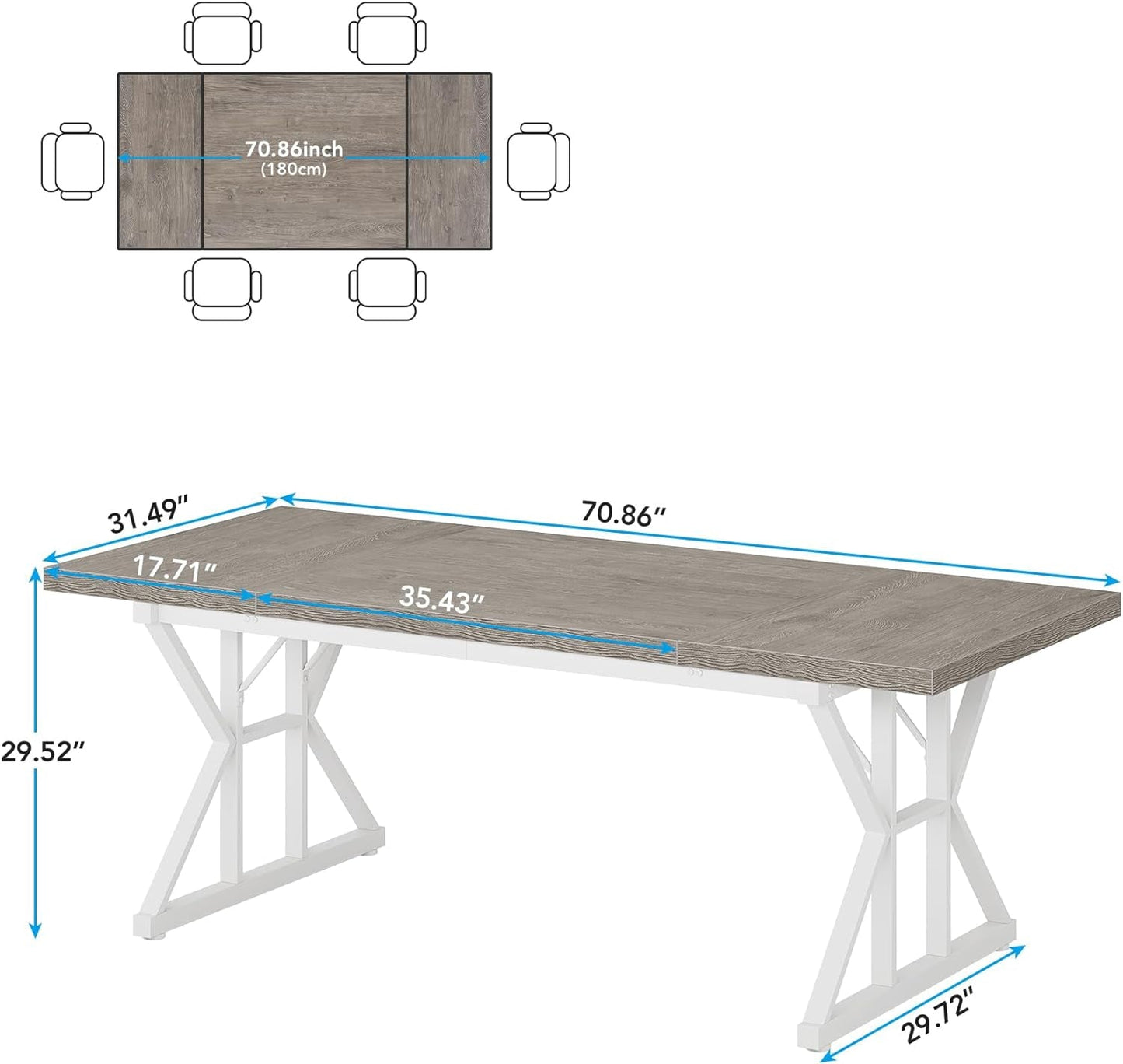Farmhouse Dining Table for 6 People, 70.8-Inch Rectangular Wood Dining Table, Rustic Kitchen Table with Heavy Duty Metal Legs for Dining Room(Grey)-1