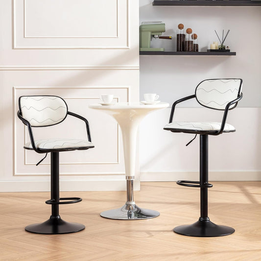 Bar Stools Set of 2, Adjustable Counter Height Barstools with Back and Arm, Swivel Bar Chairs/Pu Leather Kitchen Island Stools for Pub/Dining Room/Living Room, White-1