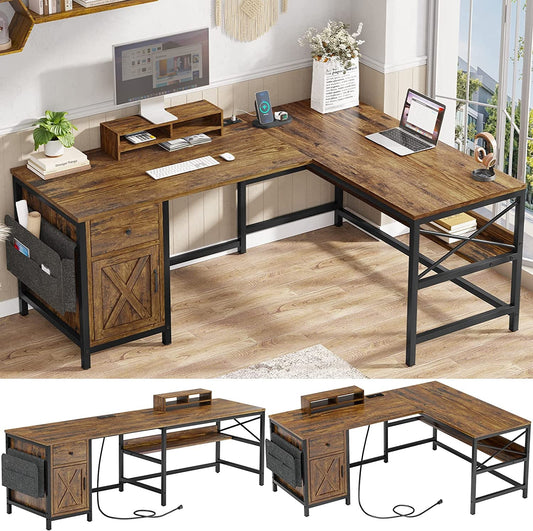 Rustic Brown L-Shaped Desk with Drawer & Storage-1