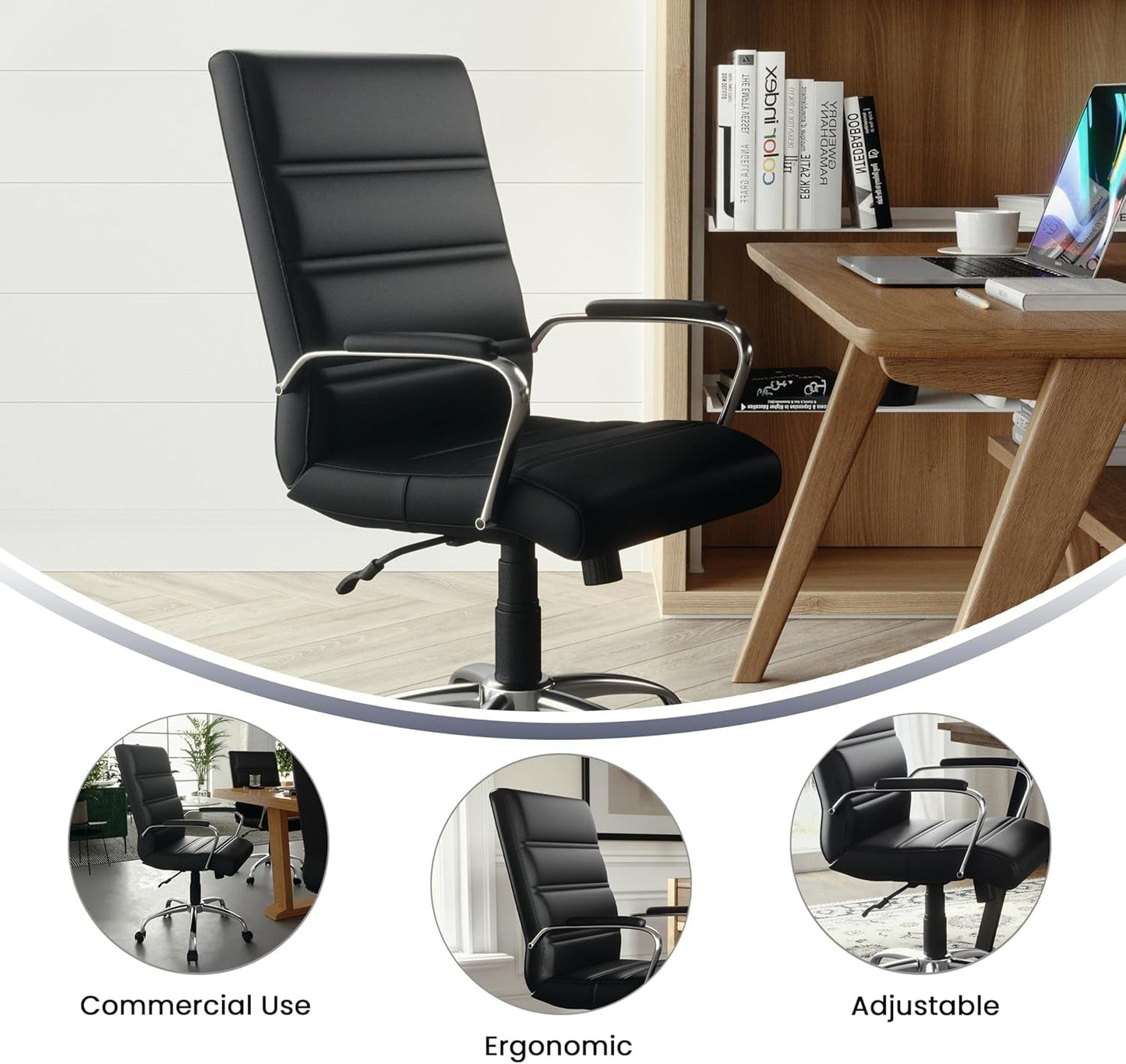 Whitney Mid-Back Swivel Leathersoft Desk Chair with Padded Seat and Armrests, Adjustable Height Padded Office Chair, Black-4