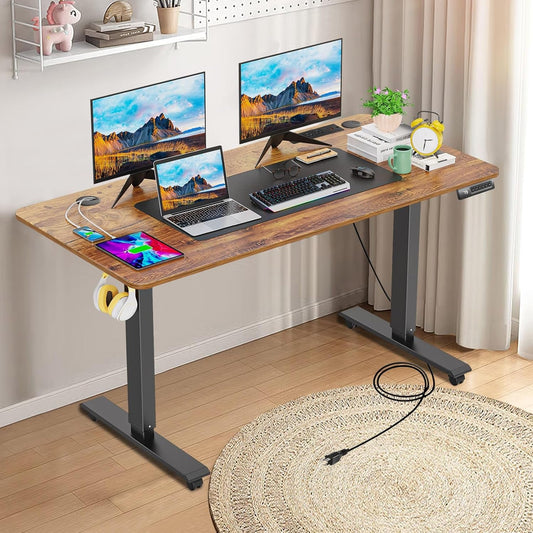 Electric Standing Desk 55 X 24In with Charging Station, Stand up Desk with Oversized Mouse Pad, 2 USB Ports & 3 Power Outlets, 4 Caster, 4 Preset Heights Easy to Set(Brown)-1